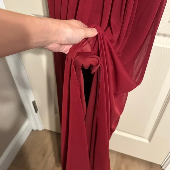 ALFRED SUNG D743 Ruched V-Neck Cold Shoulder Maxi Dress w Slit, Burgundy, Sz 2 - Picture 14 of 15